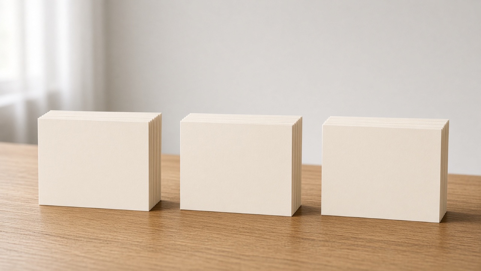 Three even stacks of blank cards on a desk