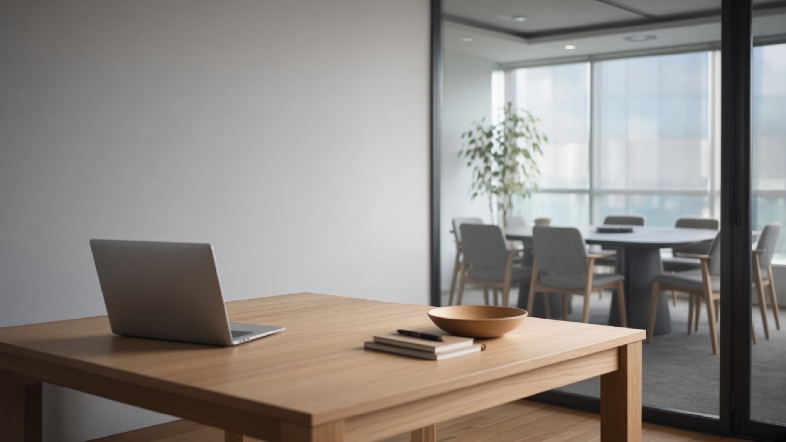 A single desk with a laptop beside a glass meeting room